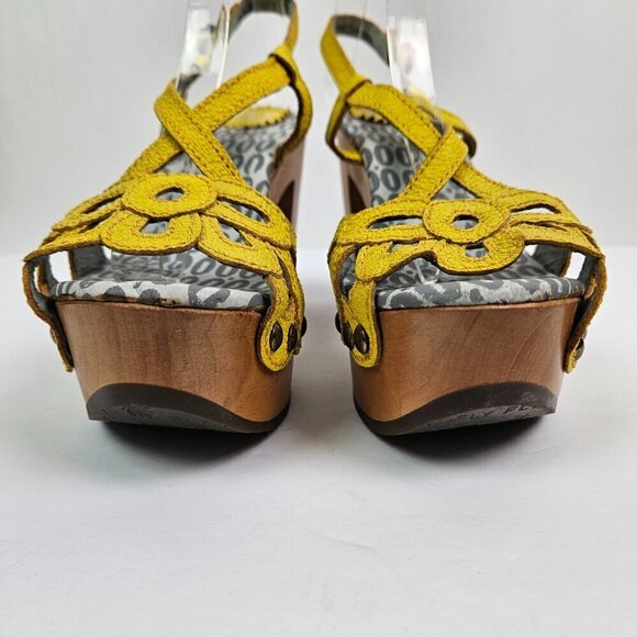 Fly London Floral Cutout Yellow Leather Retro Wood Platform Heel Sandal 7-7.5 - Picture 4 of 13